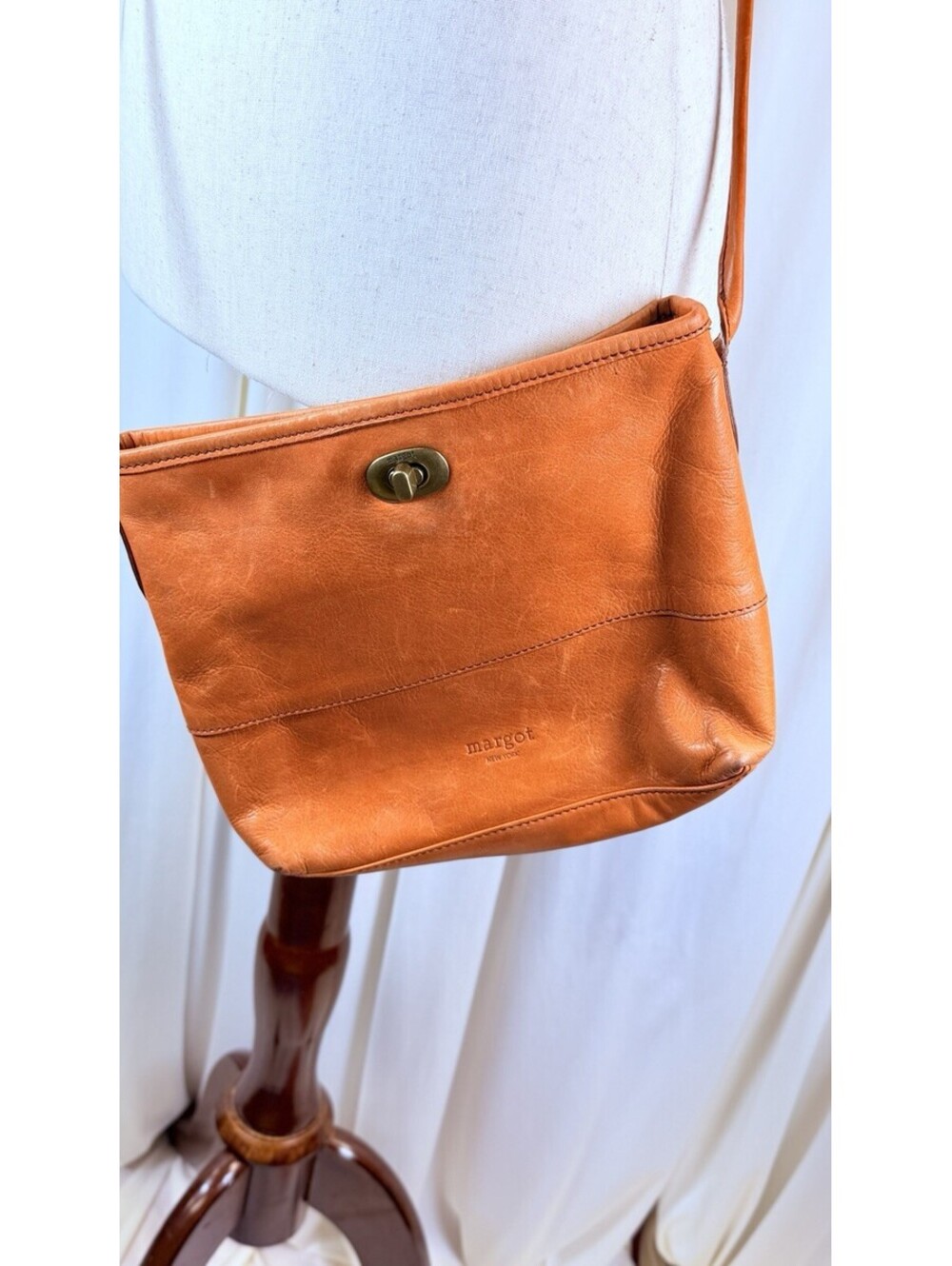 MARGOT x VINTAGE Genuine Leather Crossbody Bag Charm Camel Turn Lock Classic
